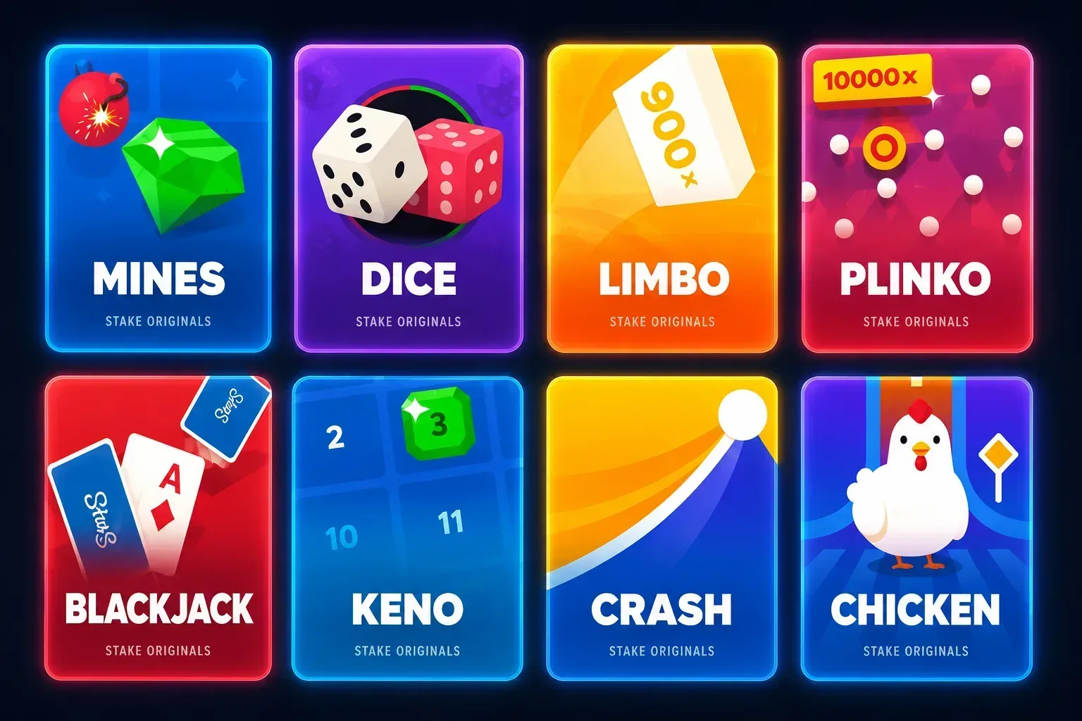 Stake Originals game grid — Mines, Dice, Limbo, Plinko, Blackjack, Keno, Crash, and Chicken