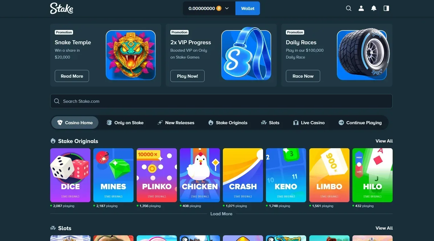 Stake.com dashboard — Stake Originals games (Dice, Mines, Plinko, Crash) and live promotions like Daily Races