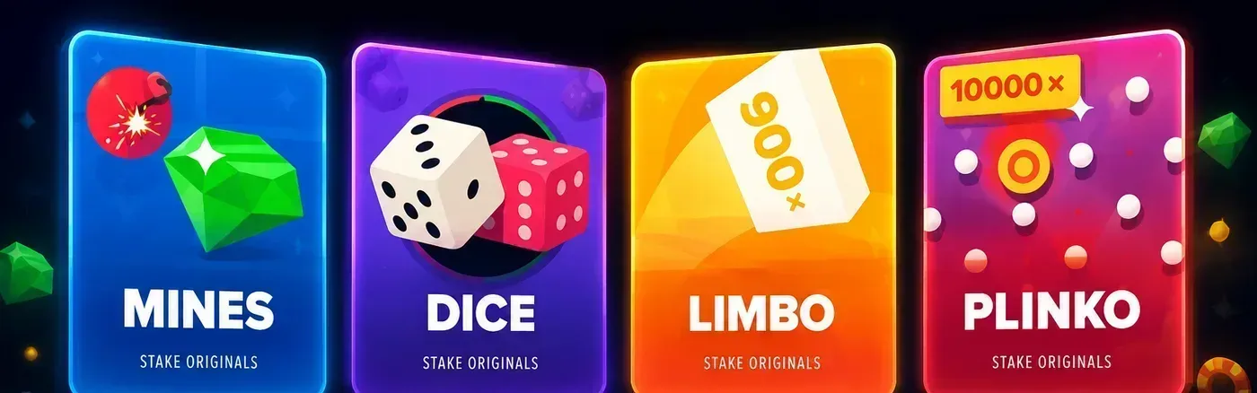 Stake Originals games grid — Dice, Mines, Limbo, Plinko, Blackjack, Keno, Crash, and Chicken